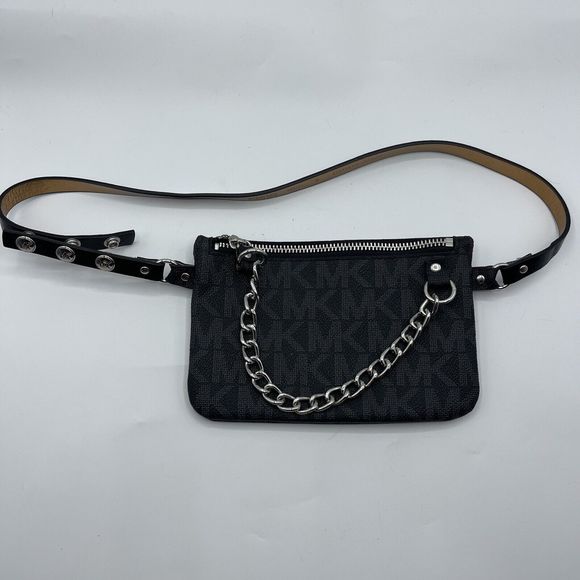 Michael Kors MK Signature Logo Belt Bag Pouch Fanny Pack Black‎ Faux Leather - Picture 1 of 12